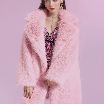 Women'S Plus Size Faux Fur Coat - Stylish Pink, Long Sleeve, Mid-Length, Flannel-Lined, Warm & Cozy Winter Coat with Pockets, Elegant Lapel Collar, Perfect for Commuting & Casual Attire, Winter Coat | Stylish Winter Coat | Faux Fur Lined Coat
