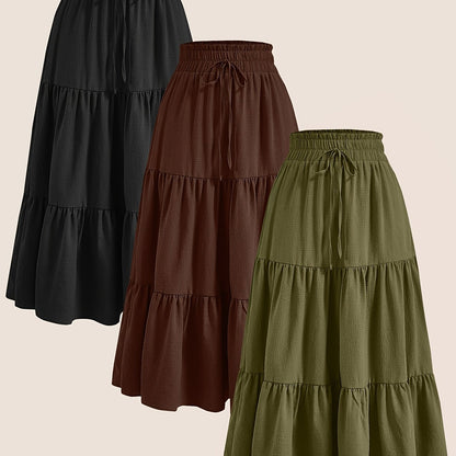 2025 3pcs Women'S Plus Size Pleated Skirts - Comfortable Loose Fit, Solid Color, Mid-Length with Ruffle Detail, Perfect for Spring\u002FSummer,