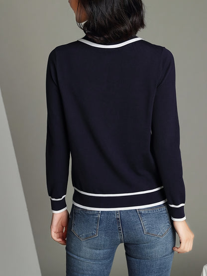 Women's Contrast Trim Casual Sweater - Light Blue & White Contrast Collar & Sleeve Trim, High Elasticity Sleeve Pullover,