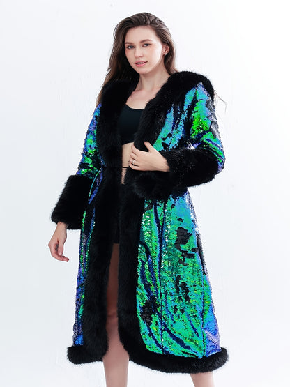 Elegant Sequin Hooded Coat Plus Size Elegant Gradient Green & Black Sequin Hooded Coat - Long Sleeve Winter Coat with Pockets, X-Line Silhouette for Autumn\u002FWinter