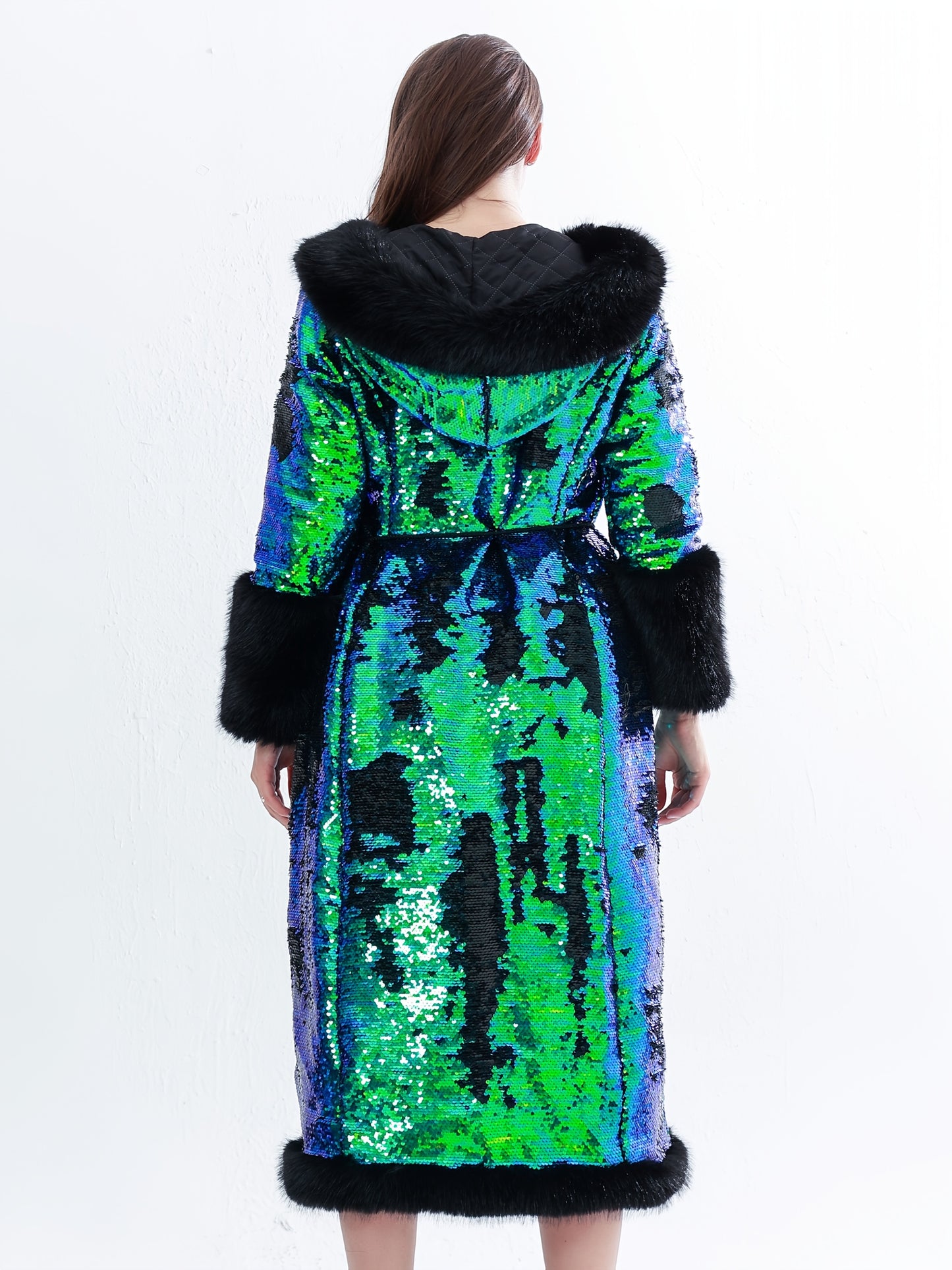 Elegant Sequin Hooded Coat Plus Size Elegant Gradient Green & Black Sequin Hooded Coat - Long Sleeve Winter Coat with Pockets, X-Line Silhouette for Autumn\u002FWinter