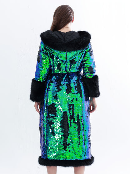 Elegant Sequin Hooded Coat Plus Size Elegant Gradient Green & Black Sequin Hooded Coat - Long Sleeve Winter Coat with Pockets, X-Line Silhouette for Autumn\u002FWinter