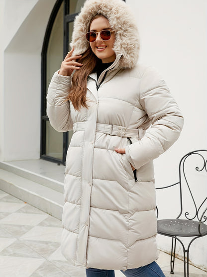 Elegant Winter Coat Elegant Women's Plus Size Winter Coat | Hooded Mid-Length Trench Coat with Belted Waist & Side Pockets, 100% Polyester, Black, Hand Wash Only for Autumn Winter Casual & Formal Outfits