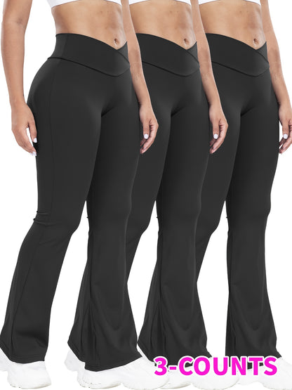 Stretchy 3-Pack High-Waisted Yoga Pants - Cross Waistband Flare Leg Sports Tights with Tummy Control and Butt Lifting