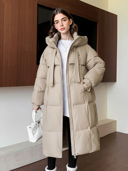 Women'S Winter Thickened Padded Coat - Long Over-the-Knee Length, Loose Fit Mid-Length Jacket with Pockets, Warm Casual Outerwear for Cold Weather, Beige Solid Color, Cozy Warmth & Easy Care (No Belt Required)