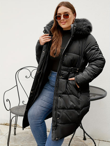 Elegant Winter Coat Elegant Women's Plus Size Winter Coat | Hooded Mid-Length Trench Coat with Belted Waist & Side Pockets, 100% Polyester, Black, Hand Wash Only for Autumn Winter Casual & Formal Outfits