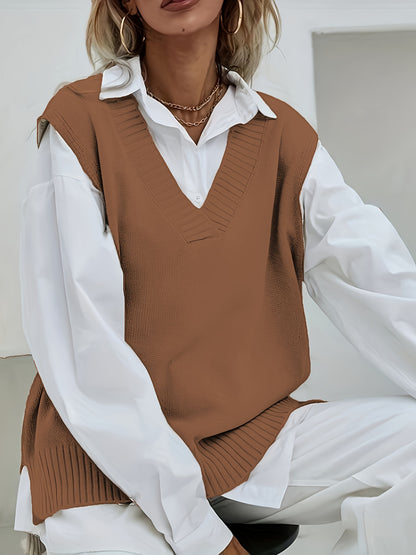 2023 Women's Casual Loose V-Neck Sweater Vest - Medium Stretch Solid Color, No Blouse Needed,