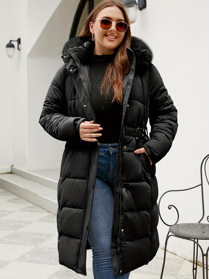 Elegant Winter Coat Elegant Women's Plus Size Winter Coat | Hooded Mid-Length Trench Coat with Belted Waist & Side Pockets, 100% Polyester, Black, Hand Wash Only for Autumn Winter Casual & Formal Outfits
