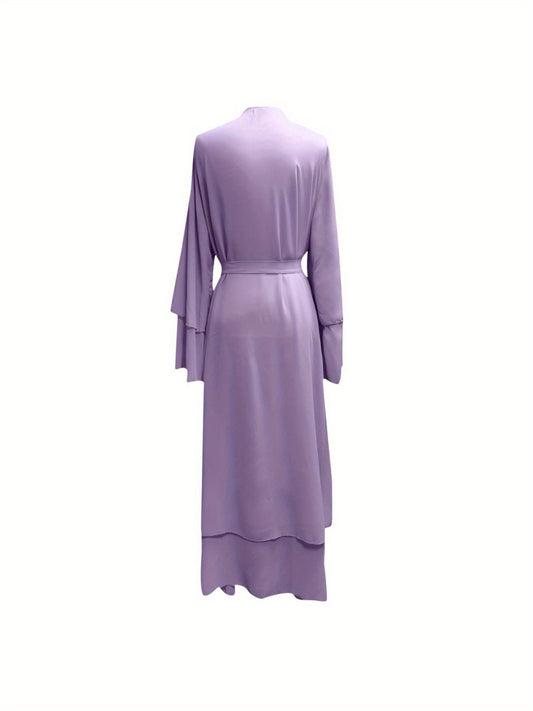 Women'S Elegant Muslim Caedigan Belt Outwear Shirt - Soft Chiffon Long Layered Cardigan with Open Front,