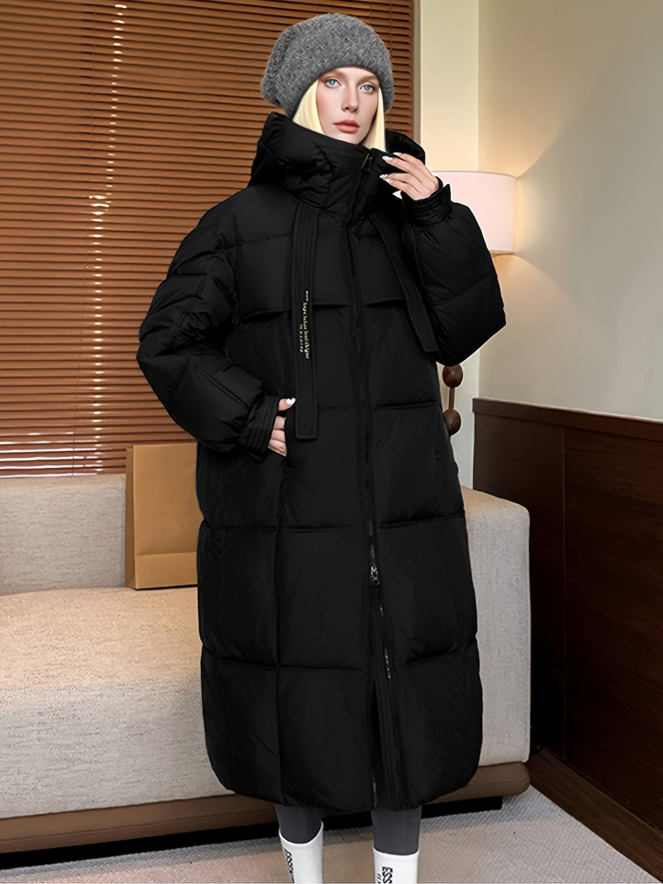 Women'S Winter Thickened Padded Coat - Long Over-the-Knee Length, Loose Fit Mid-Length Jacket with Pockets, Warm Casual Outerwear for Cold Weather, Beige Solid Color, Cozy Warmth & Easy Care (No Belt Required)