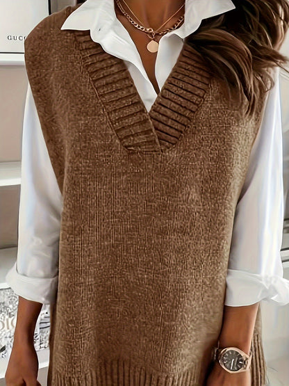 2023 Women's Casual Loose V-Neck Sweater Vest - Medium Stretch Solid Color, No Blouse Needed,