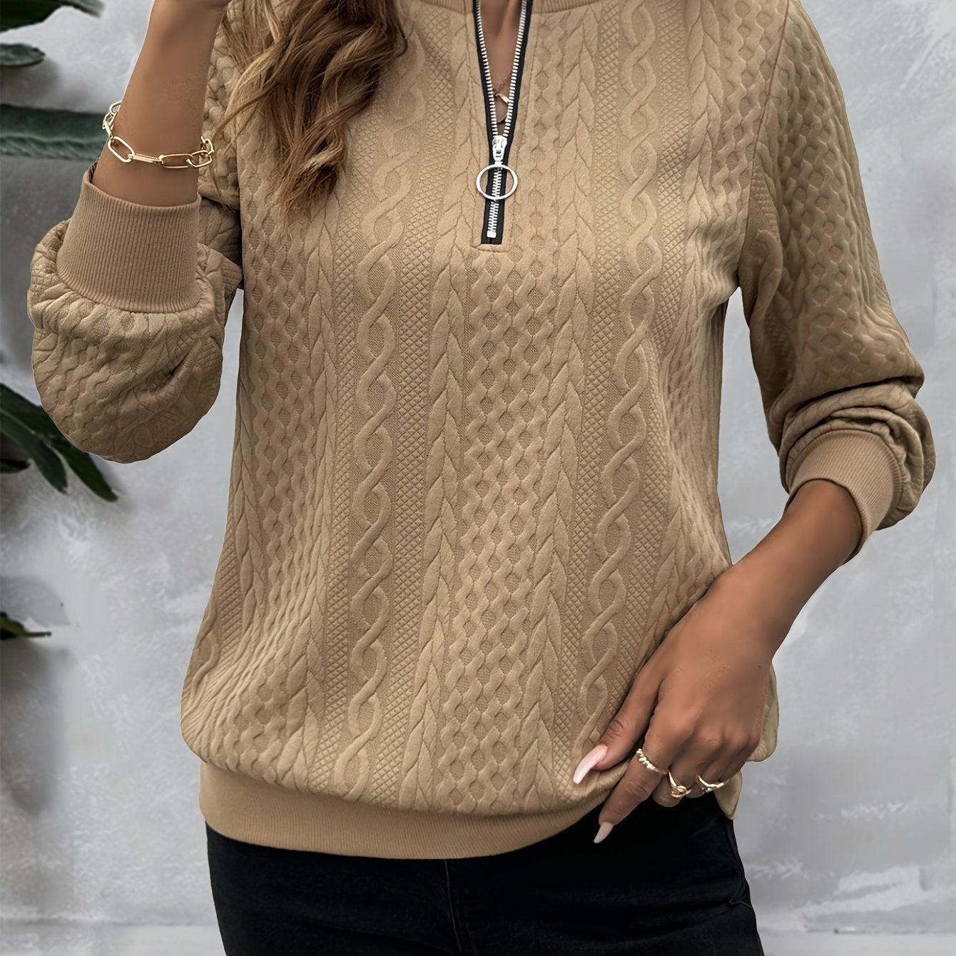 Casual Sweatshirt Casual Textured Half Zipper Pullover Sweatshirt | Women's Long Sleeve Sweatshirt For Fall & Spring