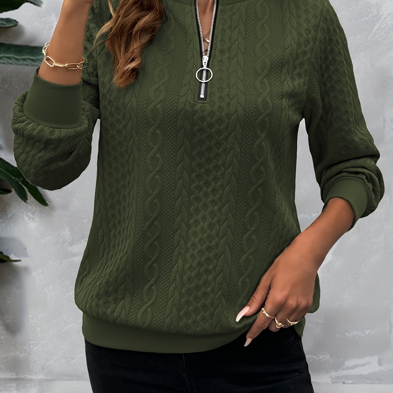 Casual Sweatshirt Casual Textured Half Zipper Pullover Sweatshirt | Women's Long Sleeve Sweatshirt For Fall & Spring