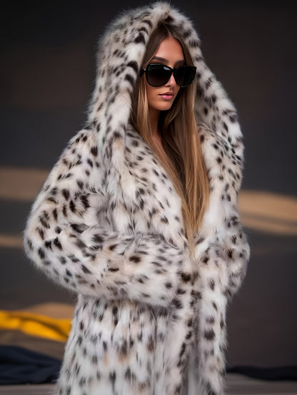 Plus Size Hooded Faux Fur Coat, Elegant Open Front Long Sleeve Warm Outerwear For Fall & Winter, Women's Plus Size Clothing