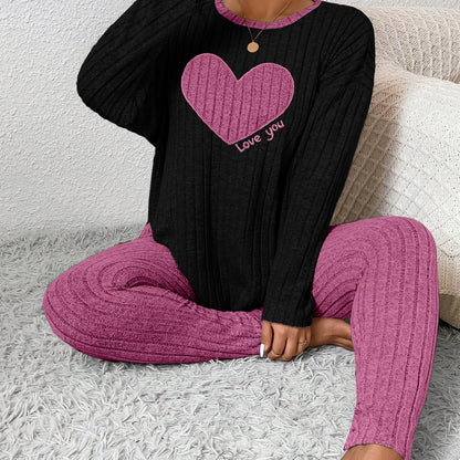 Plus Size Heart Fitted Long Sleeve And Long Pants Loungewear Set