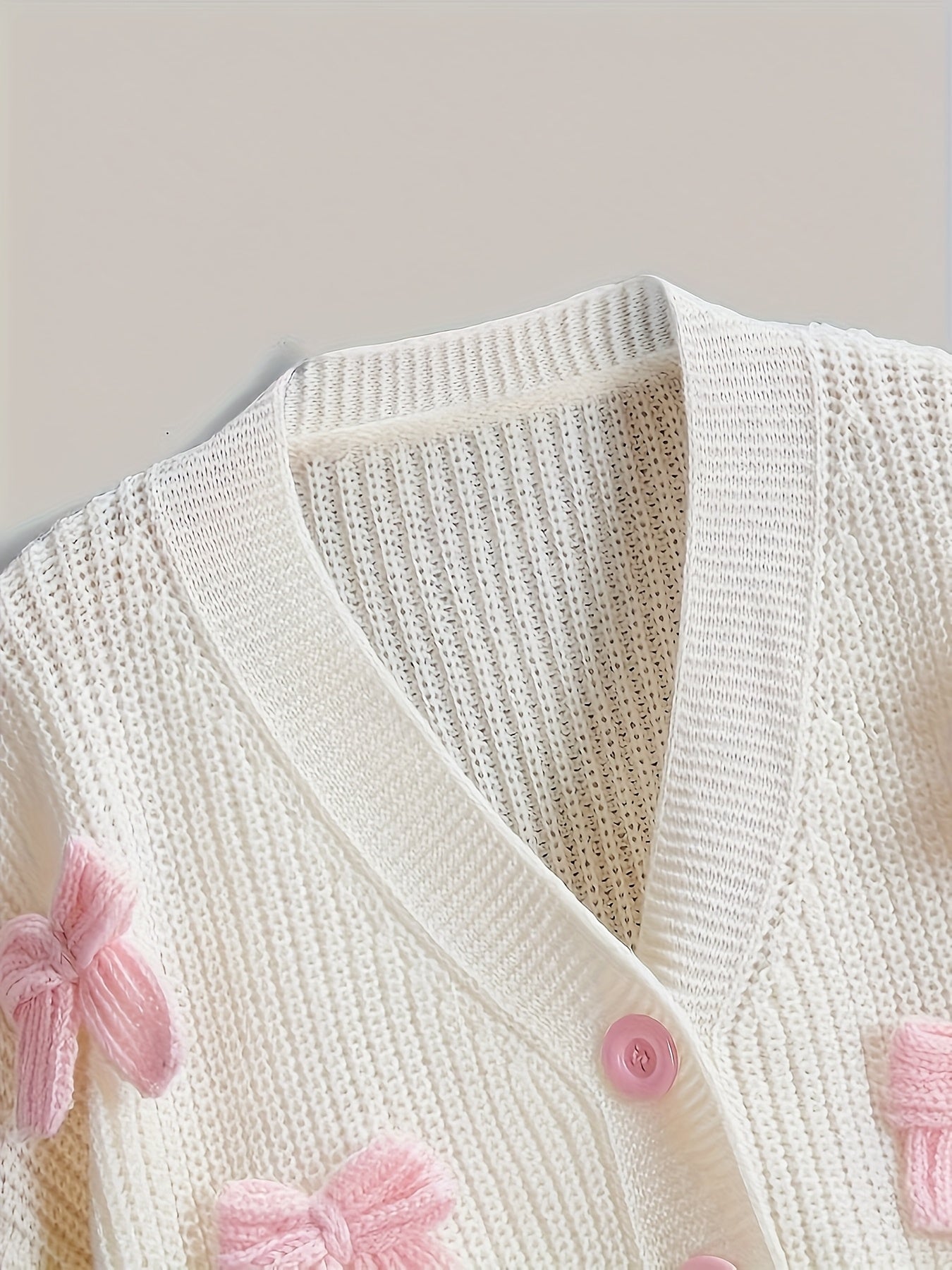 Women'S Casual V-Neck Cardigan with Pink Bow Accents - Soft Open Front Sweater for Spring & Fall, All-Season Versatile Layering Piece,