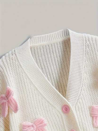 Women'S Casual V-Neck Cardigan with Pink Bow Accents - Soft Open Front Sweater for Spring & Fall, All-Season Versatile Layering Piece,