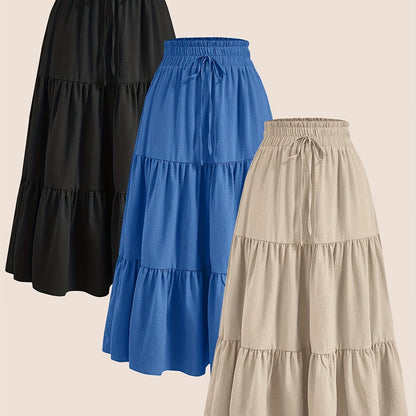 2025 3pcs Women'S Plus Size Pleated Skirts - Comfortable Loose Fit, Solid Color, Mid-Length with Ruffle Detail, Perfect for Spring\u002FSummer,