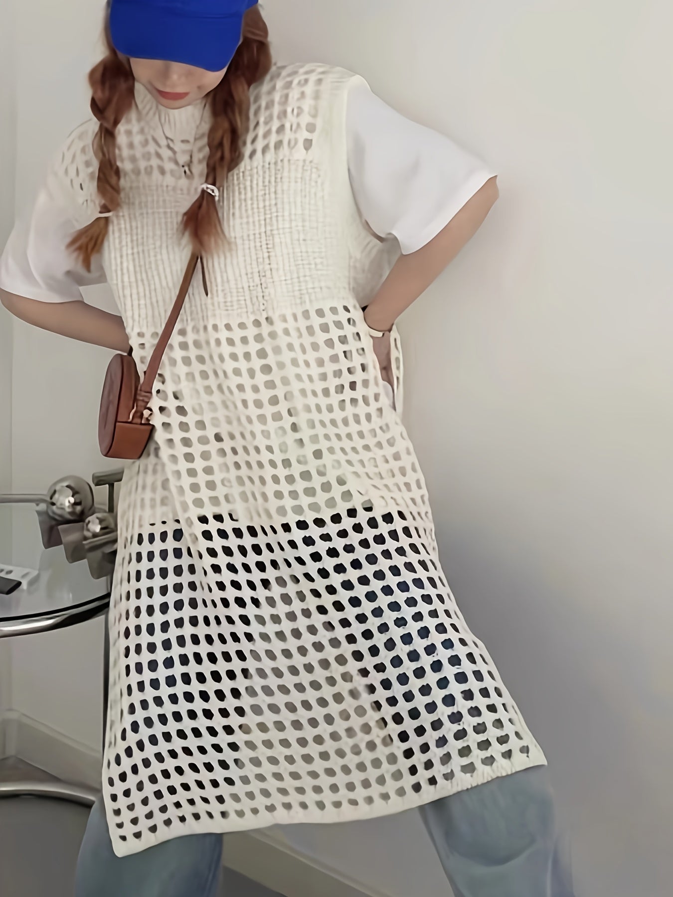 French-Inspired Lace Dress French-Inspired Elegant Women's Lace Sleeveless Dress | Mid-Length Loose Fit Semi-Sheer Layering Dress with Round Neck,