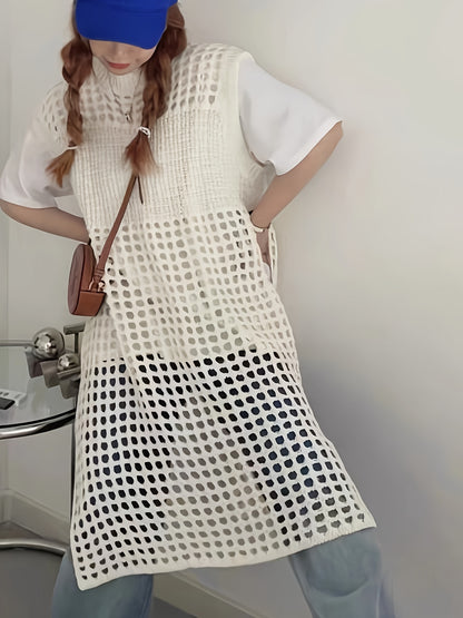 French-Inspired Lace Dress French-Inspired Elegant Women's Lace Sleeveless Dress | Mid-Length Loose Fit Semi-Sheer Layering Dress with Round Neck,