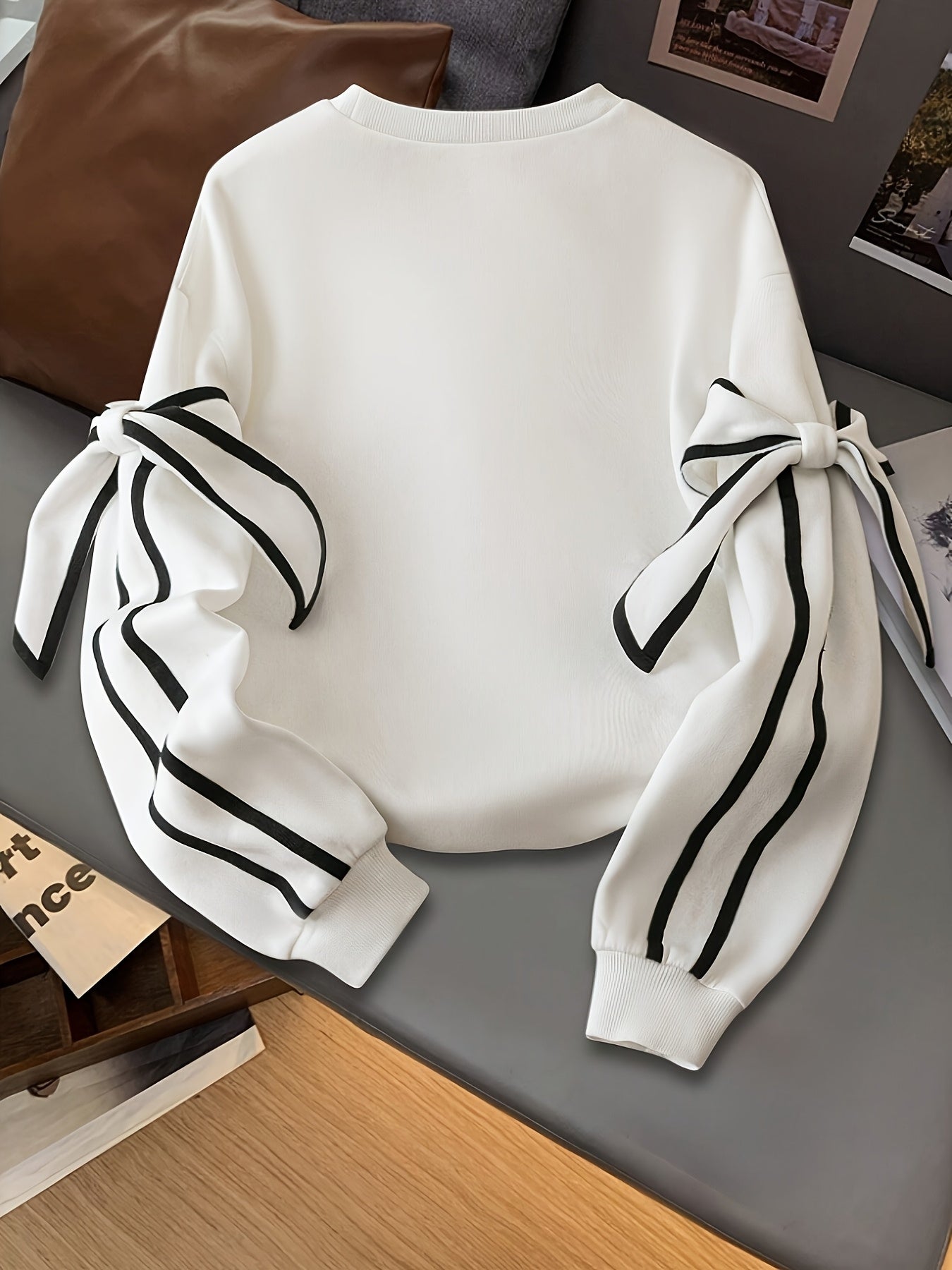 Women's Autumn Winter Casual Chic Sweatshirt - White Long Sleeve Ruffled Sleeve Accents, Machine Washable Warm Pullover for Everyday Outfits,