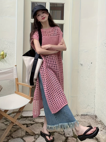 French-Inspired Lace Dress French-Inspired Elegant Women's Lace Sleeveless Dress | Mid-Length Loose Fit Semi-Sheer Layering Dress with Round Neck,
