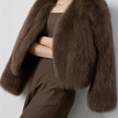 Elegant Long Sleeve Faux Fur Coat for Women - Solid Color, Fluffy Long Cardigan with Button Details, Perfect for Fall\u002FWinter, Stylish Brown Outerwear, Stylish Long Cardigan | Chic Outerwear | Plush Texture