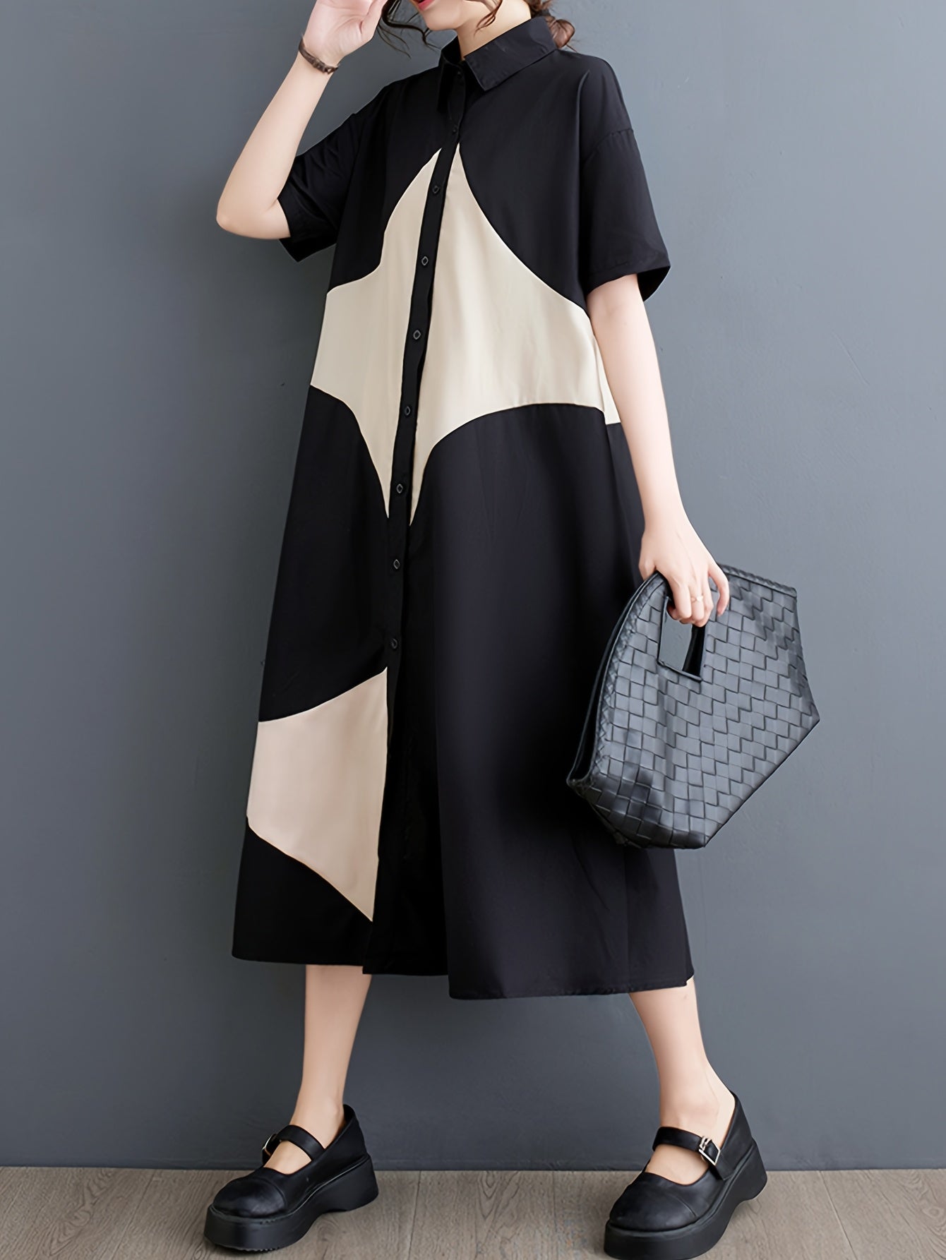 Japanese-Inspired Casual Chic Geometric Print A-Line Dress - Black & White Contrast, Relaxed Fit Long Sleeve, Button Detail,