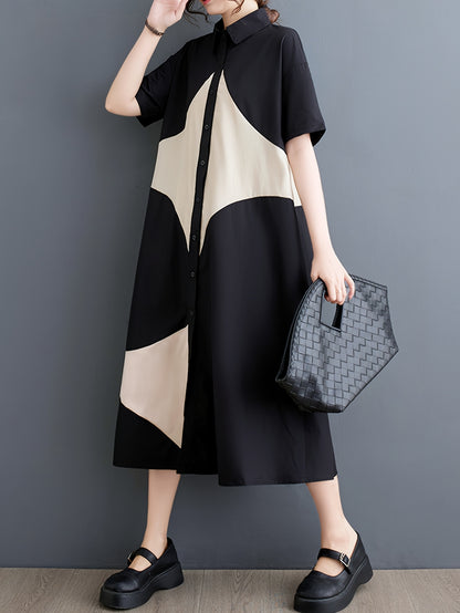 Japanese-Inspired Casual Chic Geometric Print A-Line Dress - Black & White Contrast, Relaxed Fit Long Sleeve, Button Detail,