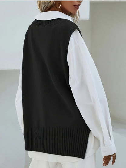 2023 Women's Casual Loose V-Neck Sweater Vest - Medium Stretch Solid Color, No Blouse Needed,