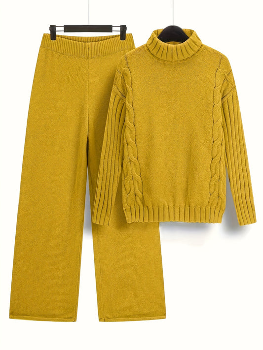 Plus Size - Elegant Mustard Yellow Long Sleeve Pullover Sweater - Half High Neck, Ribbed Texture, Fall\u002FWinter Fashion,
