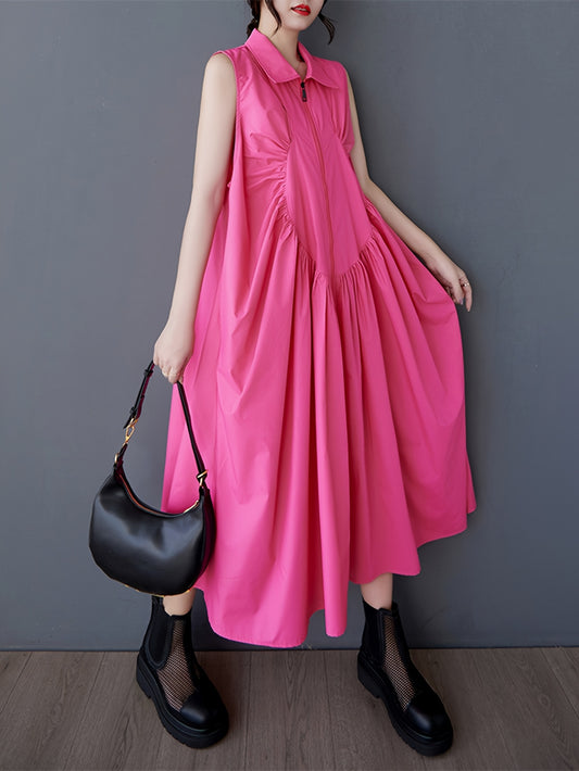 Bright Pink Sleeveless Collared Maxi Dress with Pleated Chest & Zipper Detail - Casual Loose Fit for Women, Machine Washable, Versatile Fashion | Sleeveless Maxi | Nonelastic Fabric