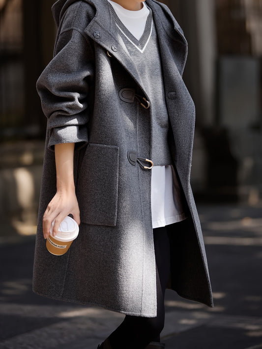 MOHO&MO Women's 2024 Winter Tweed Coat - Middle Eastern-Inspired Hooded Dual-Sided Breasted Wide H-Line Cut, Mid-Length Fall Shoulder Sleeves,