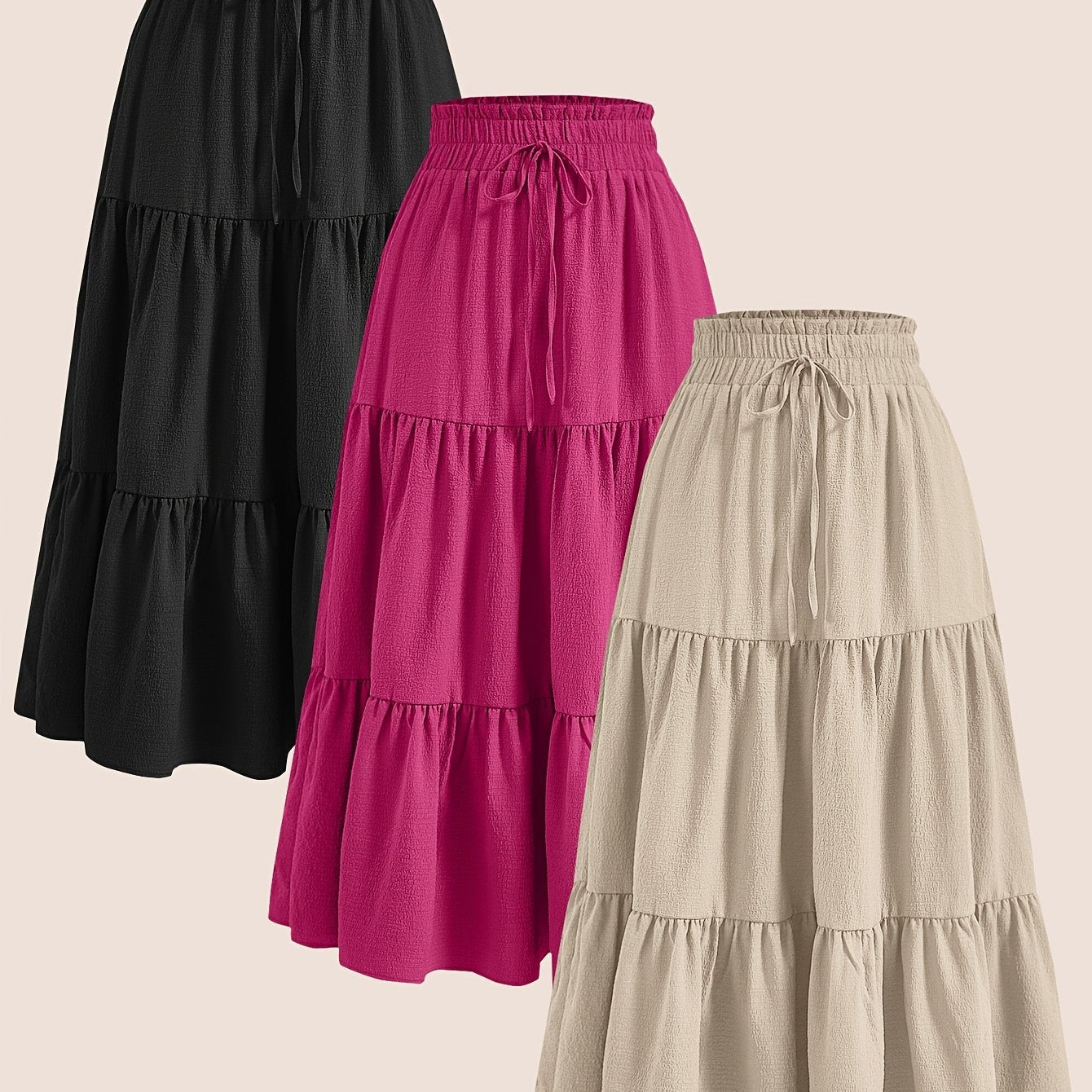 2025 3pcs Women'S Plus Size Pleated Skirts - Comfortable Loose Fit, Solid Color, Mid-Length with Ruffle Detail, Perfect for Spring\u002FSummer,