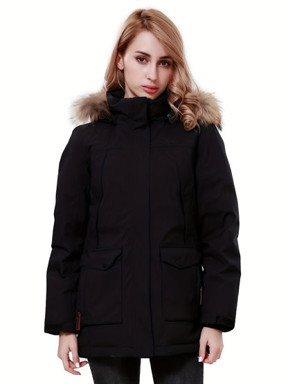 Women's Thickened Winter Thermal Puffer Jacket With Flap Pocket, Windproof Lightweight Long Sleeve Casual Parka Coat