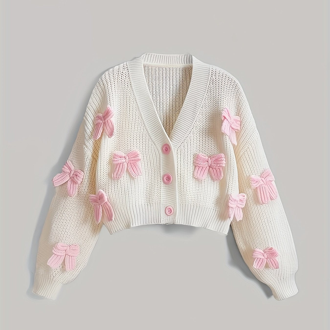 Women'S Casual V-Neck Cardigan with Pink Bow Accents - Soft Open Front Sweater for Spring & Fall, All-Season Versatile Layering Piece,