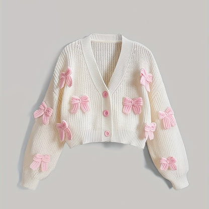 Women'S Casual V-Neck Cardigan with Pink Bow Accents - Soft Open Front Sweater for Spring & Fall, All-Season Versatile Layering Piece,