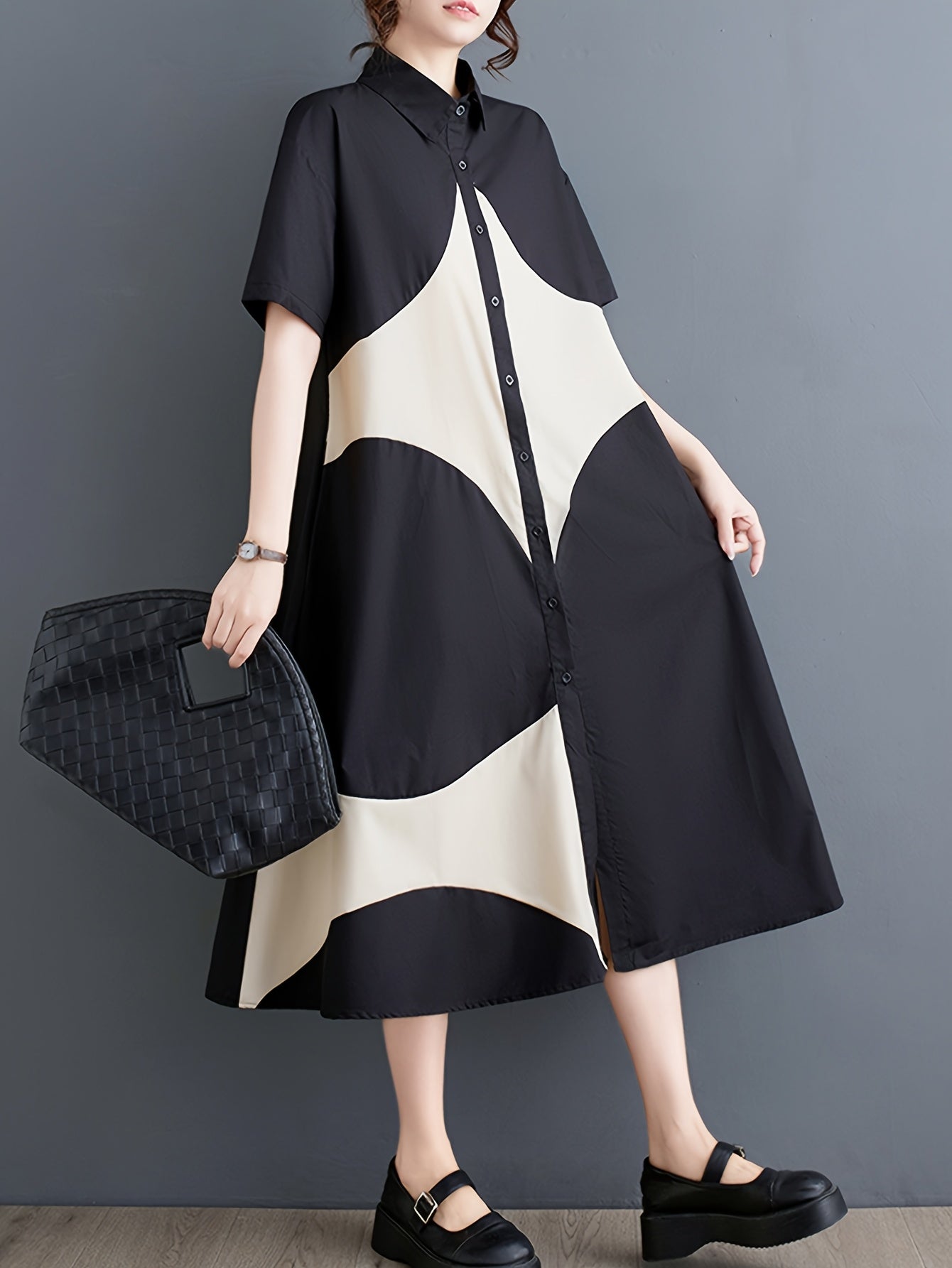Japanese-Inspired Casual Chic Geometric Print A-Line Dress - Black & White Contrast, Relaxed Fit Long Sleeve, Button Detail,