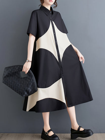 Japanese-Inspired Casual Chic Geometric Print A-Line Dress - Black & White Contrast, Relaxed Fit Long Sleeve, Button Detail,