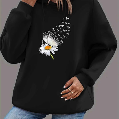 Women'S Casual Floral Print Hoodie, Polyester Knit Fabric, Long Sleeve, with Drawstring Hood, for Fall\u002FWinter