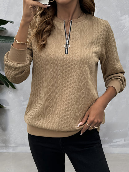 Casual Sweatshirt Casual Textured Half Zipper Pullover Sweatshirt | Women's Long Sleeve Sweatshirt For Fall & Spring