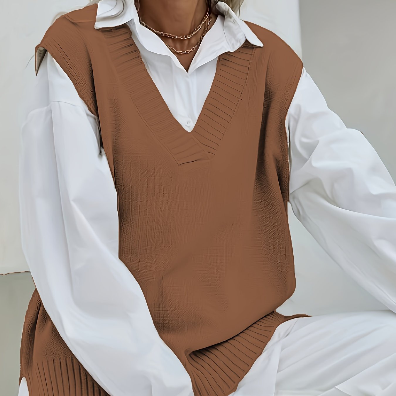 2023 Women's Casual Loose V-Neck Sweater Vest - Medium Stretch Solid Color, No Blouse Needed,
