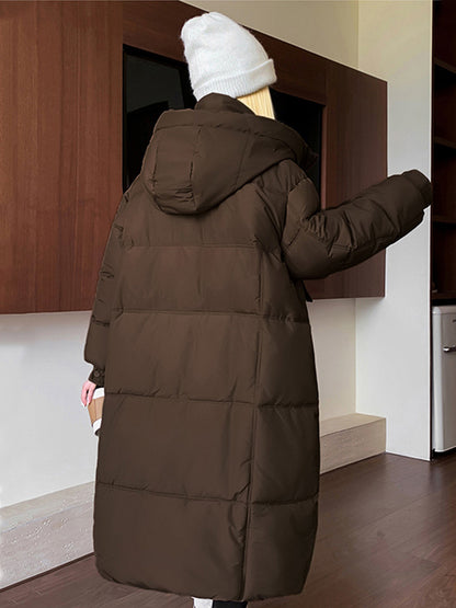 Women'S Winter Thickened Padded Coat - Long Over-the-Knee Length, Loose Fit Mid-Length Jacket with Pockets, Warm Casual Outerwear for Cold Weather, Beige Solid Color, Cozy Warmth & Easy Care (No Belt Required)