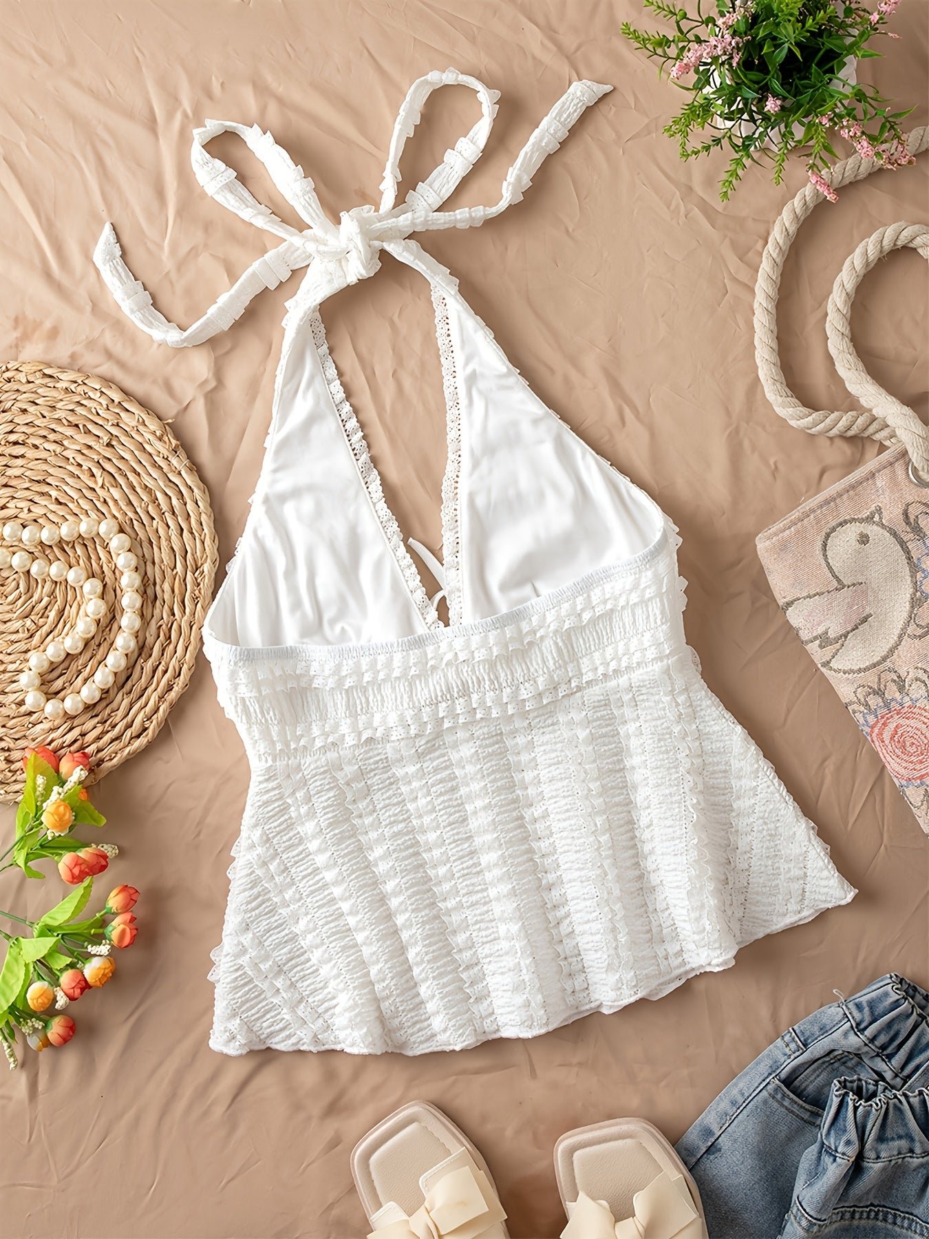 Women's Sleeveless Halter Neck Backless Top with Lace-Like Ruffle Detail & Bow Accent - Medium Stretch Casual Shirt