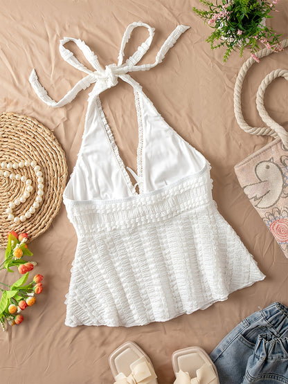 Women's Sleeveless Halter Neck Backless Top with Lace-Like Ruffle Detail & Bow Accent - Medium Stretch Casual Shirt