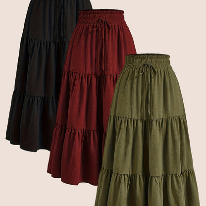 2025 3pcs Women'S Plus Size Pleated Skirts - Comfortable Loose Fit, Solid Color, Mid-Length with Ruffle Detail, Perfect for Spring\u002FSummer,