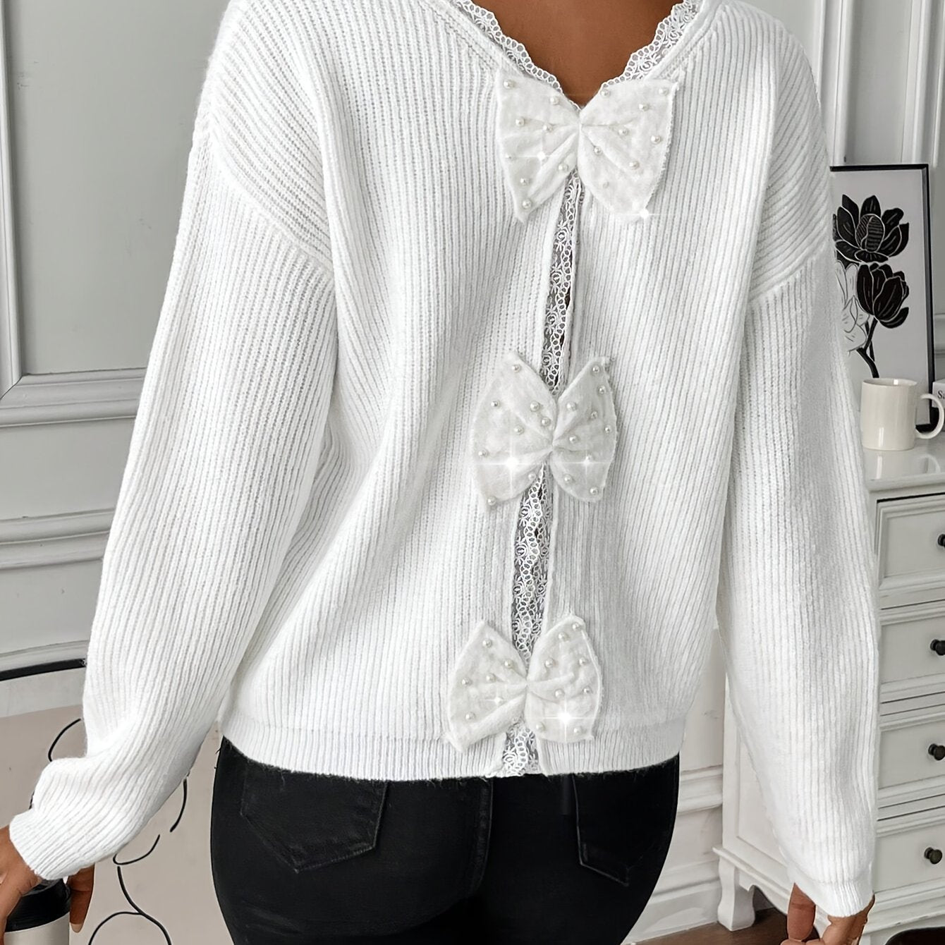 Elegant V-Neck Acrylic Pullover Sweater for Women, Long Sleeve Solid Color Knit Fabric Top with Back Bow Detail, All-Season Lace Bow Accent Sweater