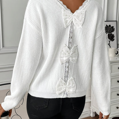 Elegant V-Neck Acrylic Pullover Sweater for Women, Long Sleeve Solid Color Knit Fabric Top with Back Bow Detail, All-Season Lace Bow Accent Sweater