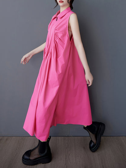 Bright Pink Sleeveless Collared Maxi Dress with Pleated Chest & Zipper Detail - Casual Loose Fit for Women, Machine Washable, Versatile Fashion | Sleeveless Maxi | Nonelastic Fabric