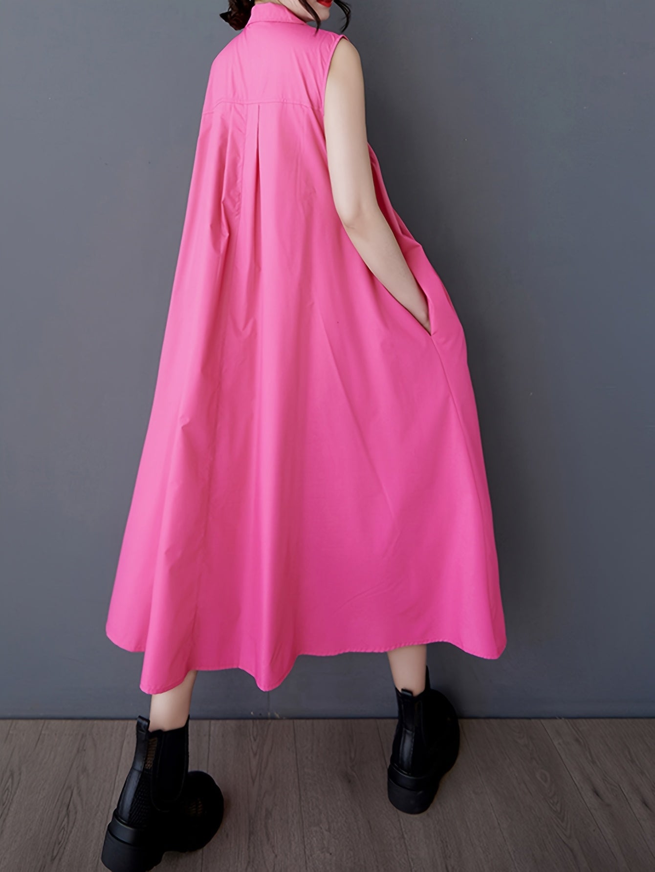 Bright Pink Sleeveless Collared Maxi Dress with Pleated Chest & Zipper Detail - Casual Loose Fit for Women, Machine Washable, Versatile Fashion | Sleeveless Maxi | Nonelastic Fabric